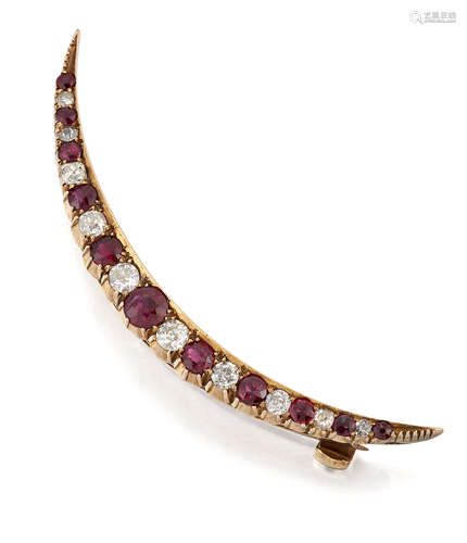 A VICTORIAN RUBY AND DIAMOND CRESCENT BROOCH