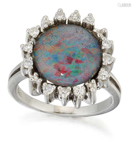 AN OPAL TRIPLET AND DIAMOND CLUSTER RING