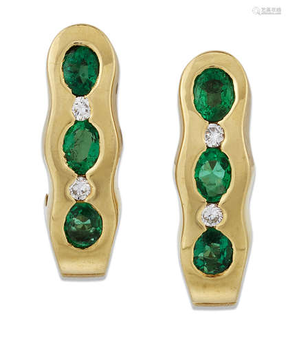 A PAIR OF EMERALD AND DIAMOND EARRINGS