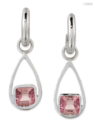 A PAIR OF 9 AND 18 CARAT WHITE GOLD PINK TOURMALINE AND DIAM...