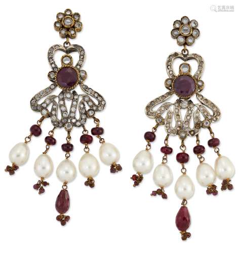 A PAIR OF INDIAN RUBY, PASTE AND CULTURED PEARL DROP EARRING...