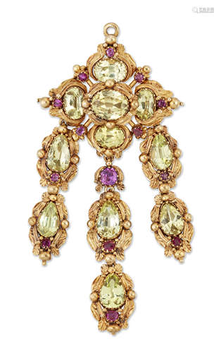 A 19TH CENTURY CHRYSOBERYL AND RUBY BROOCH/PENDANT