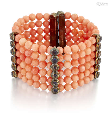 A CORAL AND IOLITE BRACELET