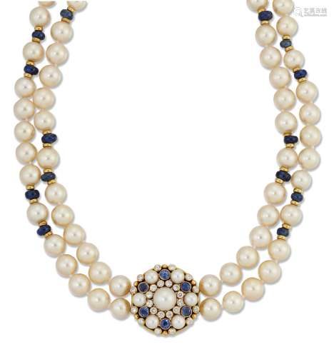 DE VROOMEN: AN 18 CARAT GOLD, CULTURED PEARL AND SAPPHIRE BE...