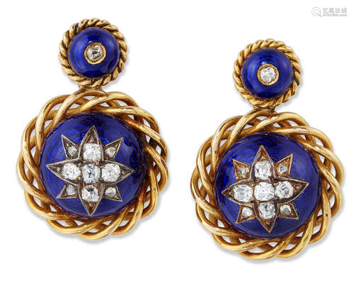 A PAIR OF 19TH CENTURY DIAMOND AND BLUE ENAMEL PENDANT EARRI...