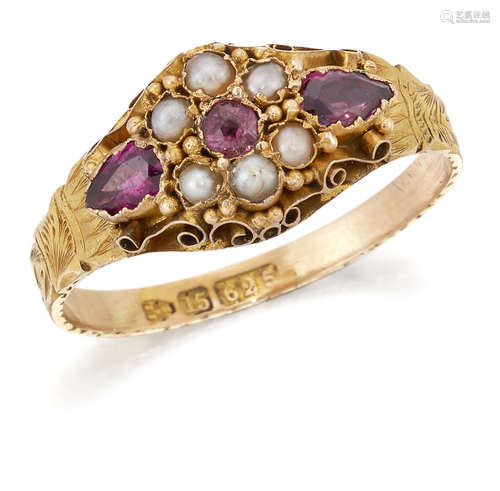 A VICTORIAN 15 CARAT GOLD GARNET AND SEED PEARL CLUSTER RING