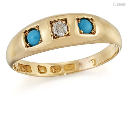 AN 18 CARAT GOLD VICTORIAN DIAMOND AND TURQUOISE THREE STONE...