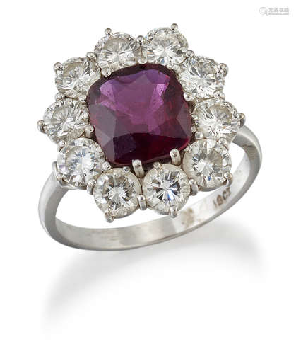 A RUBY AND DIAMOND CLUSTER RING