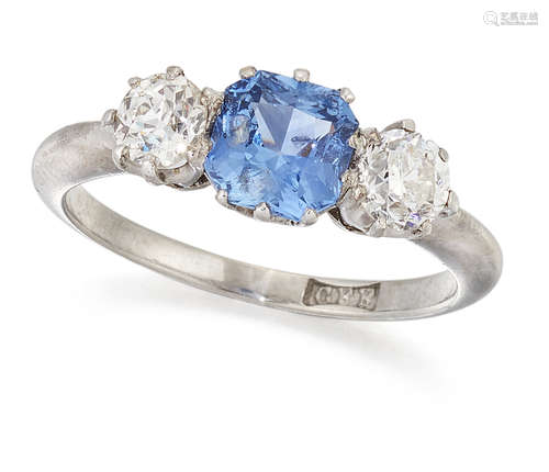 A SAPPHIRE AND DIAMOND THREE-STONE RING