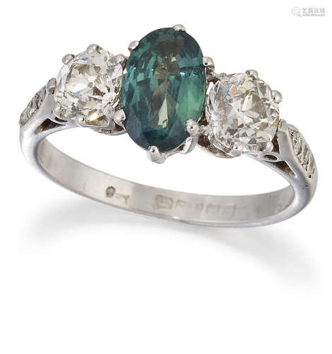 AN 18 CARAT WHITE GOLD ALEXANDRITE AND DIAMOND THREE-STONE R...