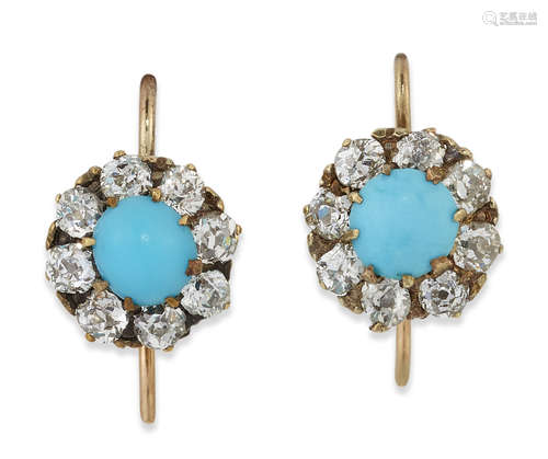 A PAIR OF LATE NINETEENTH CENTURY TURQUOISE AND DIAMOND CLUS...