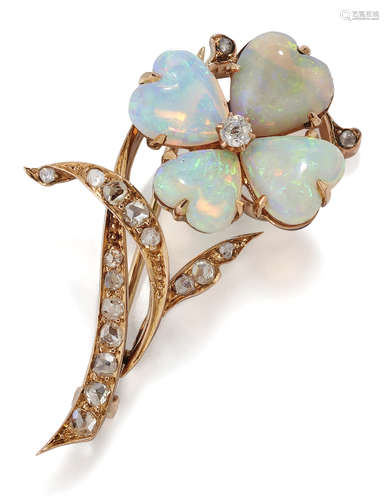 AN OPAL AND DIAMOND FLORAL SPRAY BROOCH