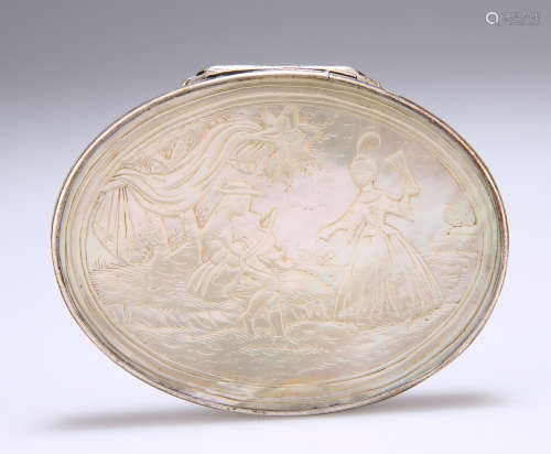 A CONTINENTAL WHITE-METAL AND MOTHER-OF-PEARL SNUFF BOX
