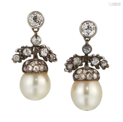 A PAIR OF NATURAL SALTWATER PEARL AND DIAMOND PENDANT EARRIN...