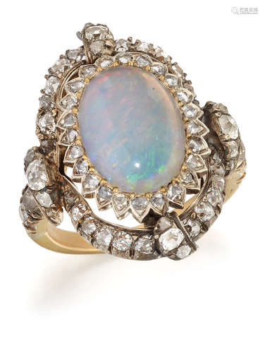 A LATE VICTORIAN OPAL AND DIAMOND CLUSTER RING