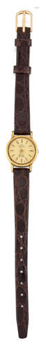 A LADY'S GOLD PLATED OMEGA STRAP WATCH