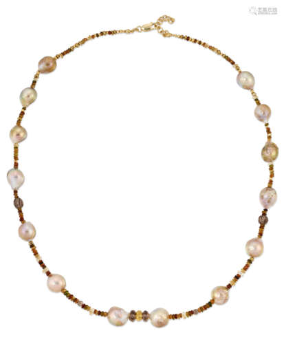 A CULTURED PEARL AND GEMSTONE BEAD NECKLACE