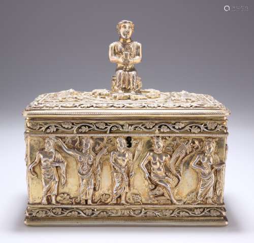 A GERMAN ARCHEOLOGICAL REVIVAL PARCEL-GILT SILVER CASKET