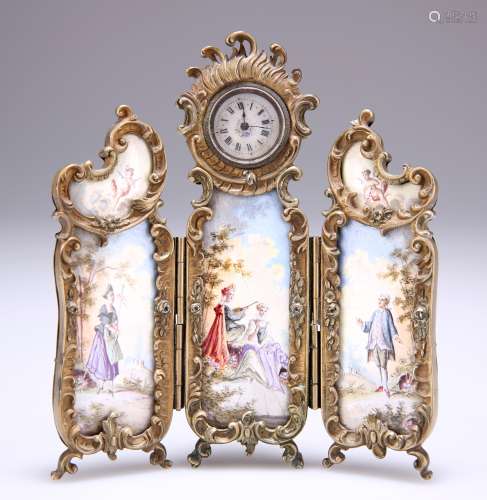 A VIENNESE SILVER-GILT AND ENAMEL TRIPTYCH BOUDOIR CLOCK