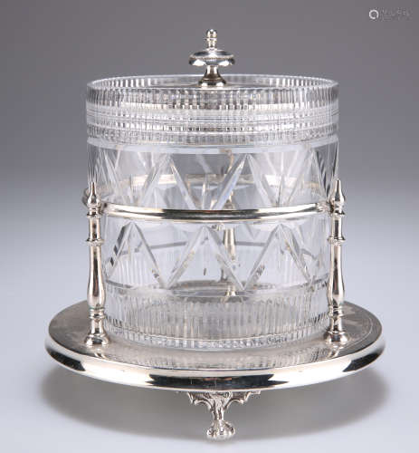 A VICTORIAN SILVER-PLATED AND CUT-GLASS BISCUIT BARREL