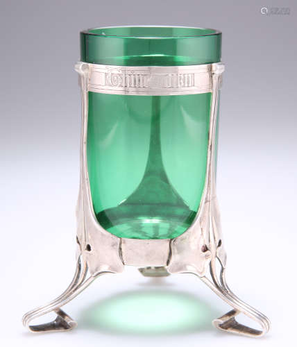 AN ART NOUVEAU SILVER AND GREEN GLASS VASE
