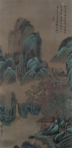 A CHINESE PAINTING GREEN MOUNTAINS LANDSCAPE