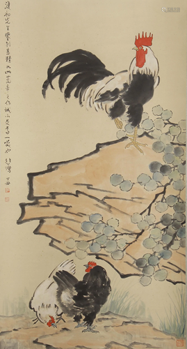 A CHINESE PAINTING COCK AND HENS