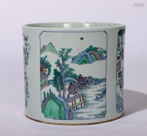 A CHINESE BLUE AND WHITE DOUCAI PORCELAIN BRUSH POT