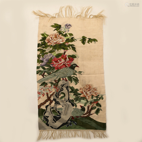 A CHINESE EMBROIDERY FLOWERS AND BIRDS