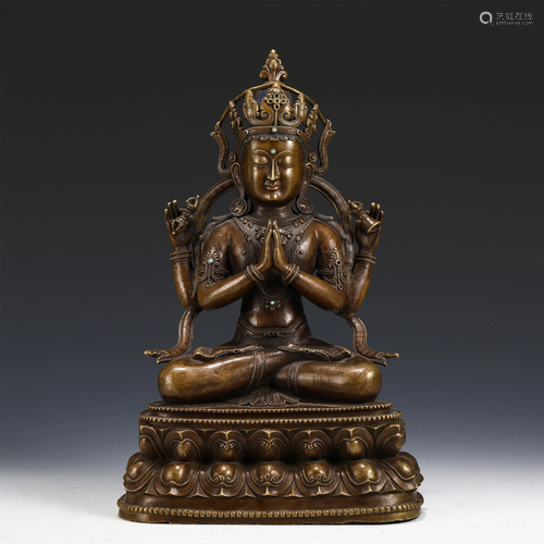 A CHINESE BRONZE FIGURE OF GUANYIN BUDDHA