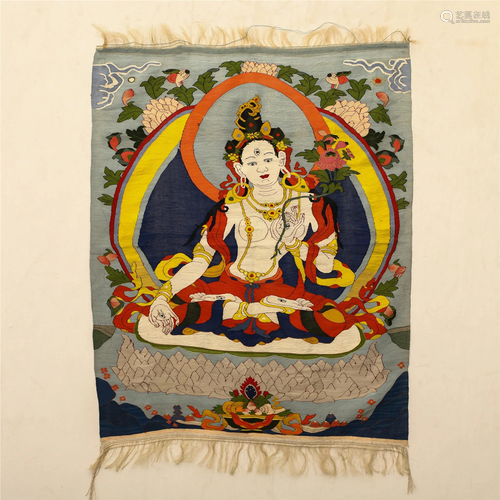 A CHINESE EMBROIDERY FIGURE OF GUANYIN BUDDHA