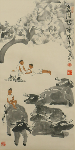 A CHINESE PAINTING HERDING CATTLES