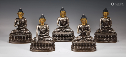 A SET OF FIVE CHINESE SILVER FIGURE OF BUDDHA