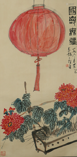 A CHINESE PAINTING LANTERN AND FLOWERS