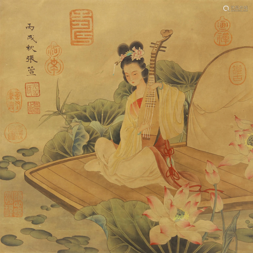 A CHINESE PAINTING BEAUTY GIRL AND LOTUS FLOWERS