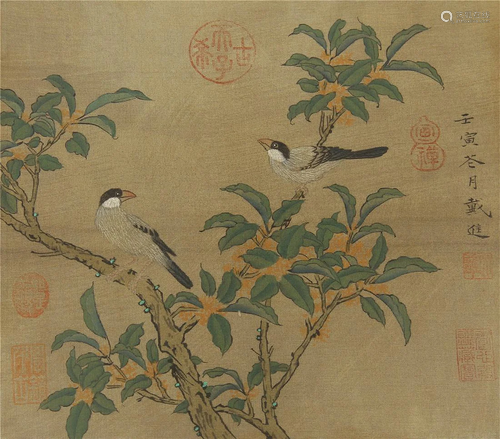 A CHINESE PAINTING BIRDS STANDING ON BRANCHES