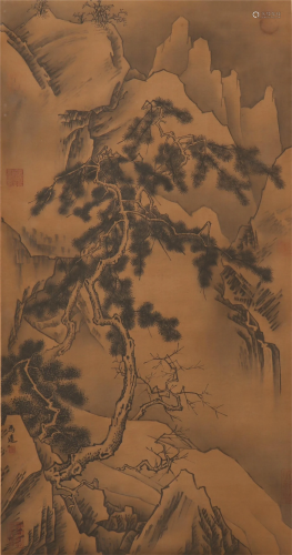 A CHINESE PAINTING A TREE AND MOUNTAIN