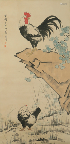 A CHINESE PAINTING COCK AND HEN