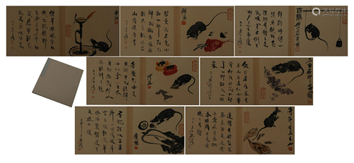 EIGHT PAGES CHINESE PAINTING MOUSES AND CALLIGRAP…