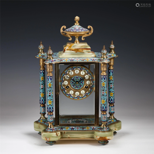 A CHINESE CLOISONNE AND JADE CLOCK