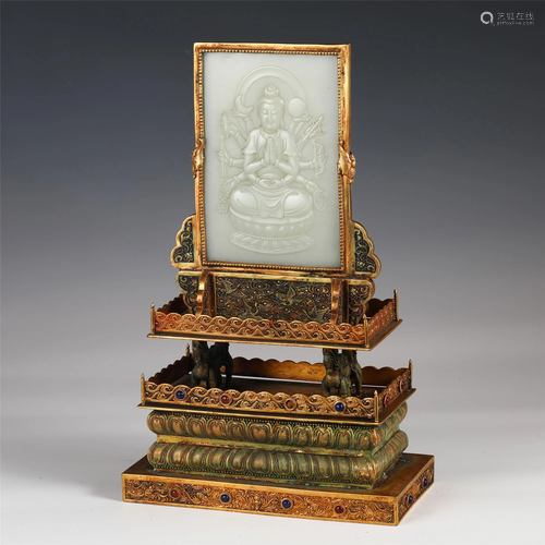 A CHINESE GILT BRONZE INLAID JADE FIGURE OF BUDDHA