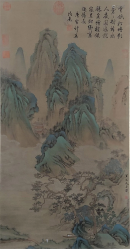 A CHINESE PAINTING GREEN MOUNTAINS LANDSCAPE