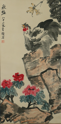 A CHINESE PAINTING COCK AND FLOWERS