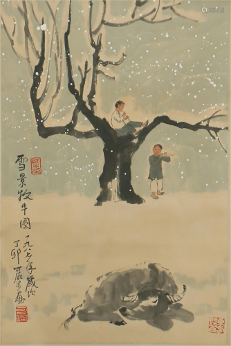 A CHINESE PAINTING SNOW SCENERY HERDING CATTLE