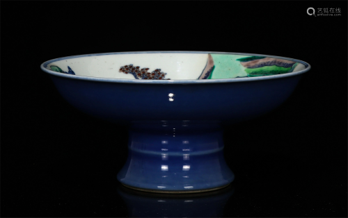 A CHINESE BLUE AND WHITE DOUCAI PORCELAIN STEM BOWL