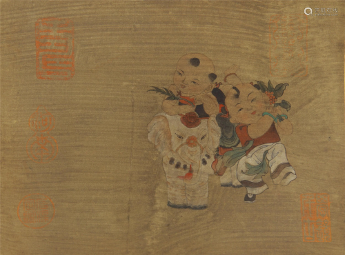 A CHINESE PAINTING BOYS AND ELEPHANT