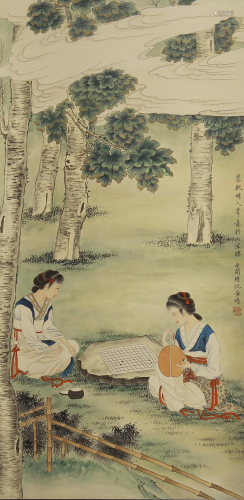 A CHINESE PAINTING FIGURES AND TREES