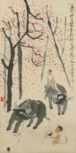 A CHINESE PAINTING HERDING CATTLES