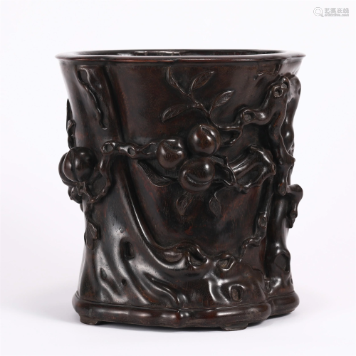 A CHINESE CARVED AGARWOOD BRUSH POT