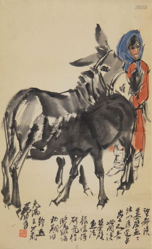 A CHINESE PAINTING A GIRL AND DONKEYS